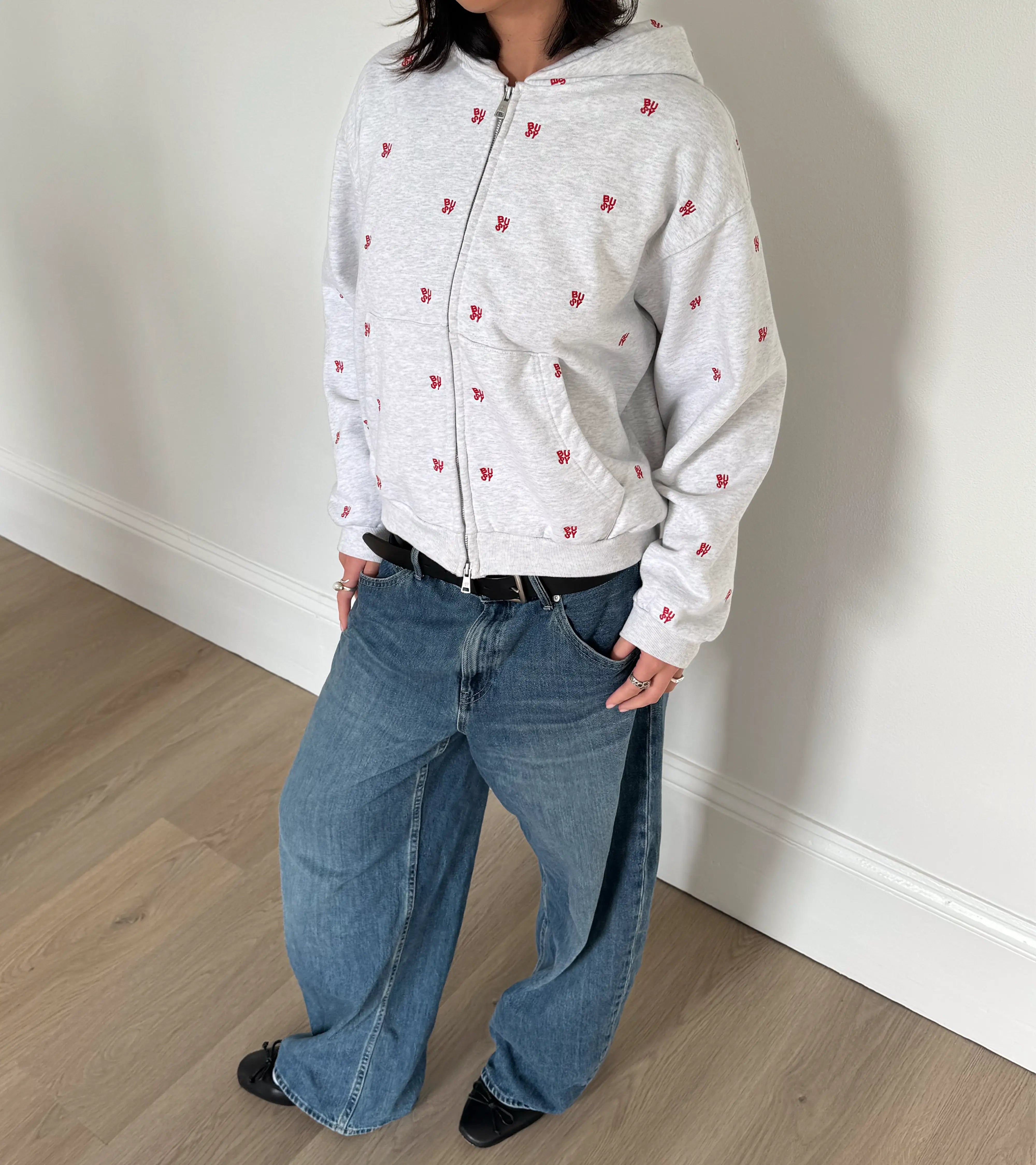 Spellout All Over Zip Hoodie - Ash Grey