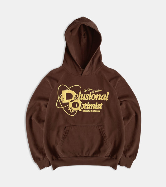 SORRYIMBUSY HEAVYWEIGHT DELUSIONAL OPTIMIST HOODIE BROWN- MADE IN USA 14oz 475GSM