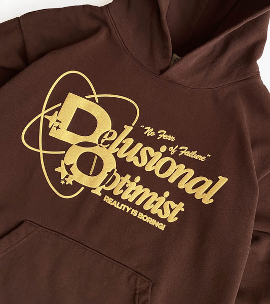 SORRYIMBUSY HEAVYWEIGHT DELUSIONAL OPTIMIST HOODIE BROWN- MADE IN USA 14oz 475GSM