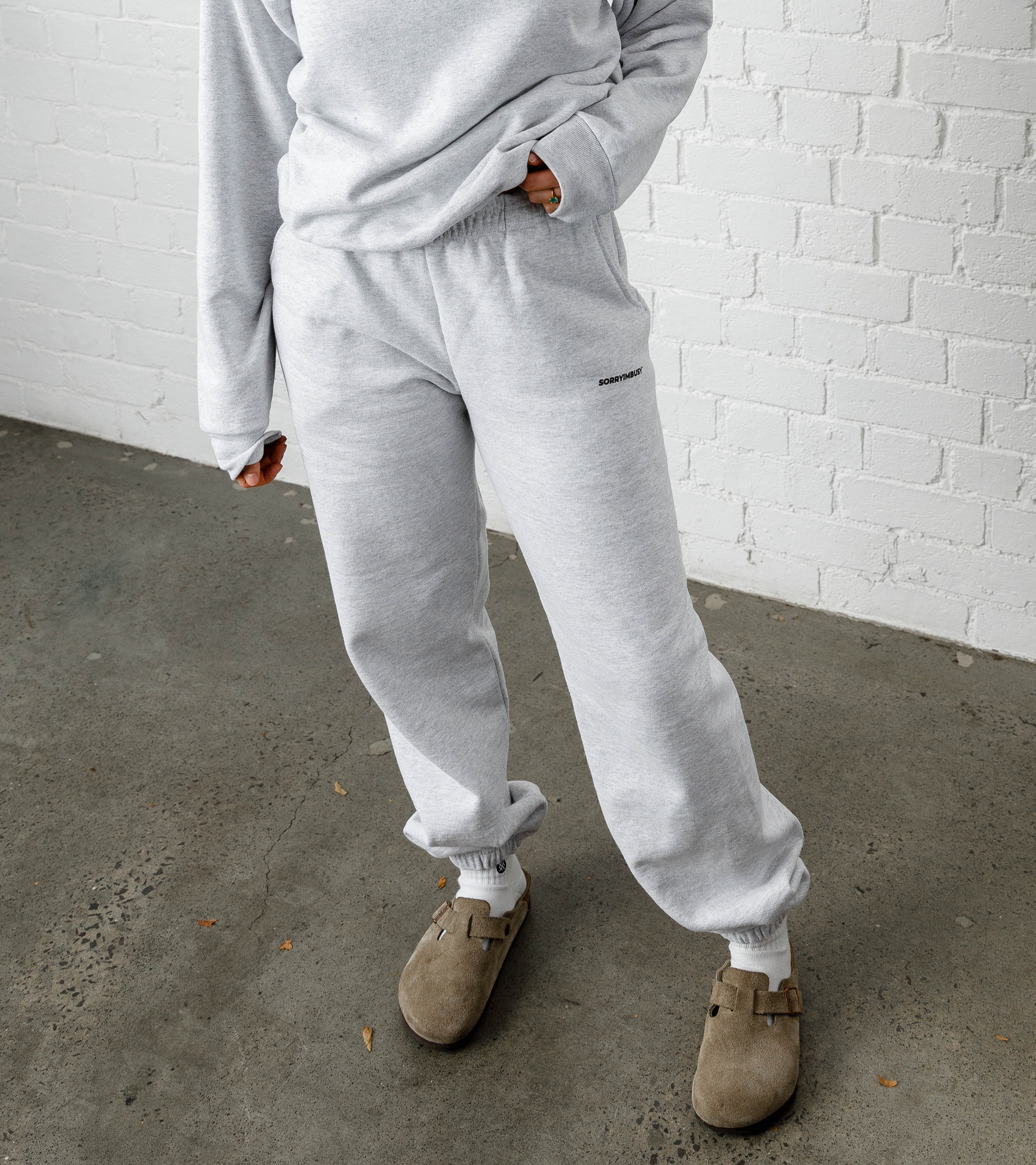 SORRYIMBUSY ASH GREY HEAVYWEIGHT LOGOTYPE SWEATPANTS - 14OZ 475GSM BOXY FIT MADE IN USA