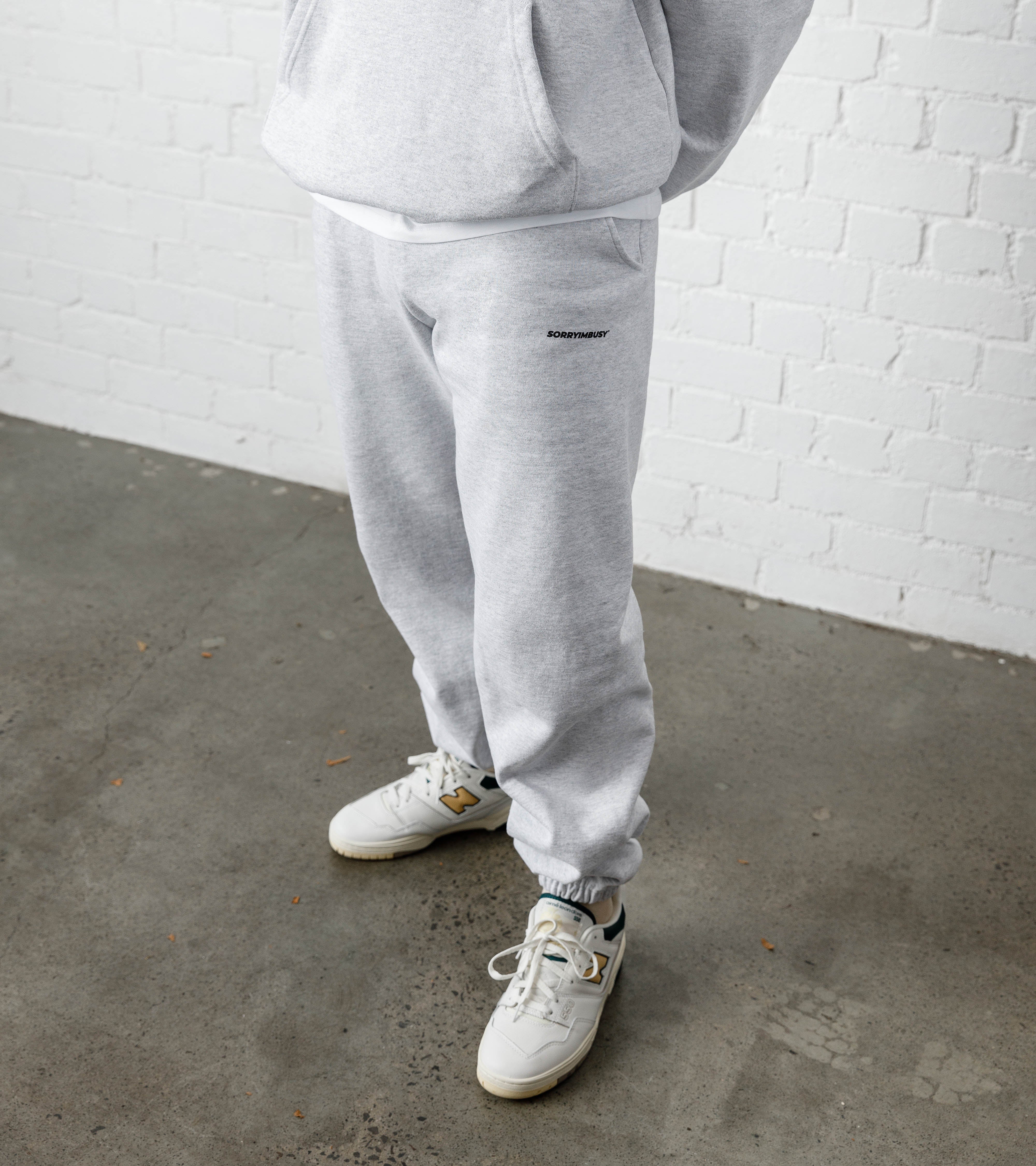 SORRYIMBUSY ASH GREY HEAVYWEIGHT LOGOTYPE SWEATPANTS - 14OZ 475GSM BOXY FIT MADE IN USA