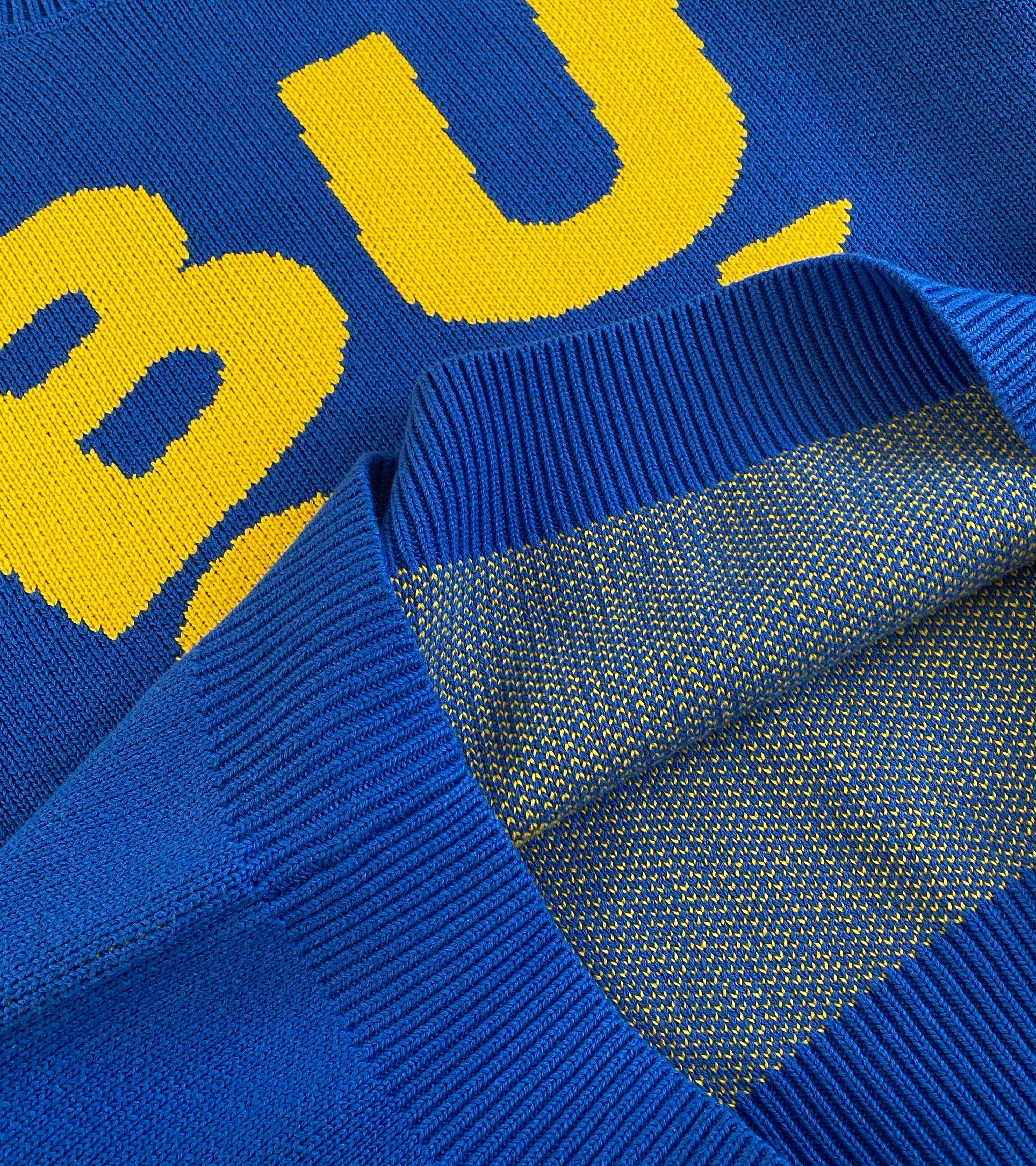 SORRYIMBUSY - Spellout Heavyweight Jacquard Knit in Royal Blue - 100% Cotton