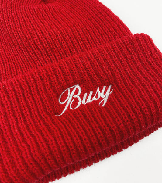 SORRYIMBUSY MADE IN USA CHERRY RED SCRIPT BEANE