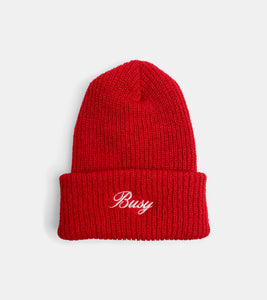 SORRYIMBUSY MADE IN USA CHERRY RED SCRIPT BEANE
