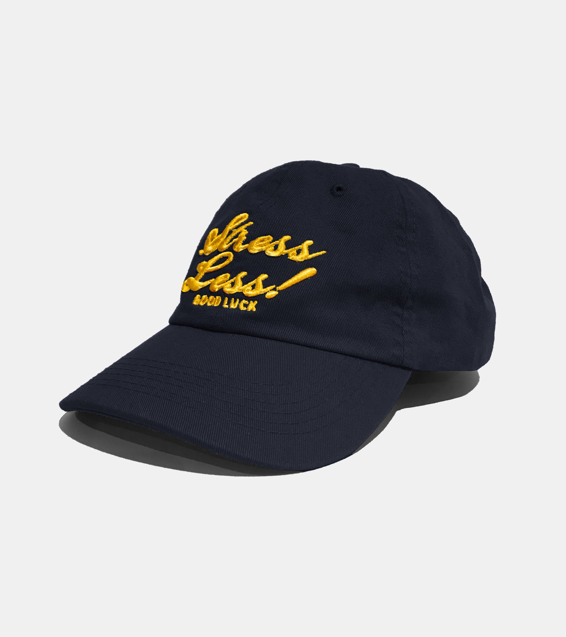 NAVY AND GOLD STRESS LESS CAP BY SORRYIMBUSY