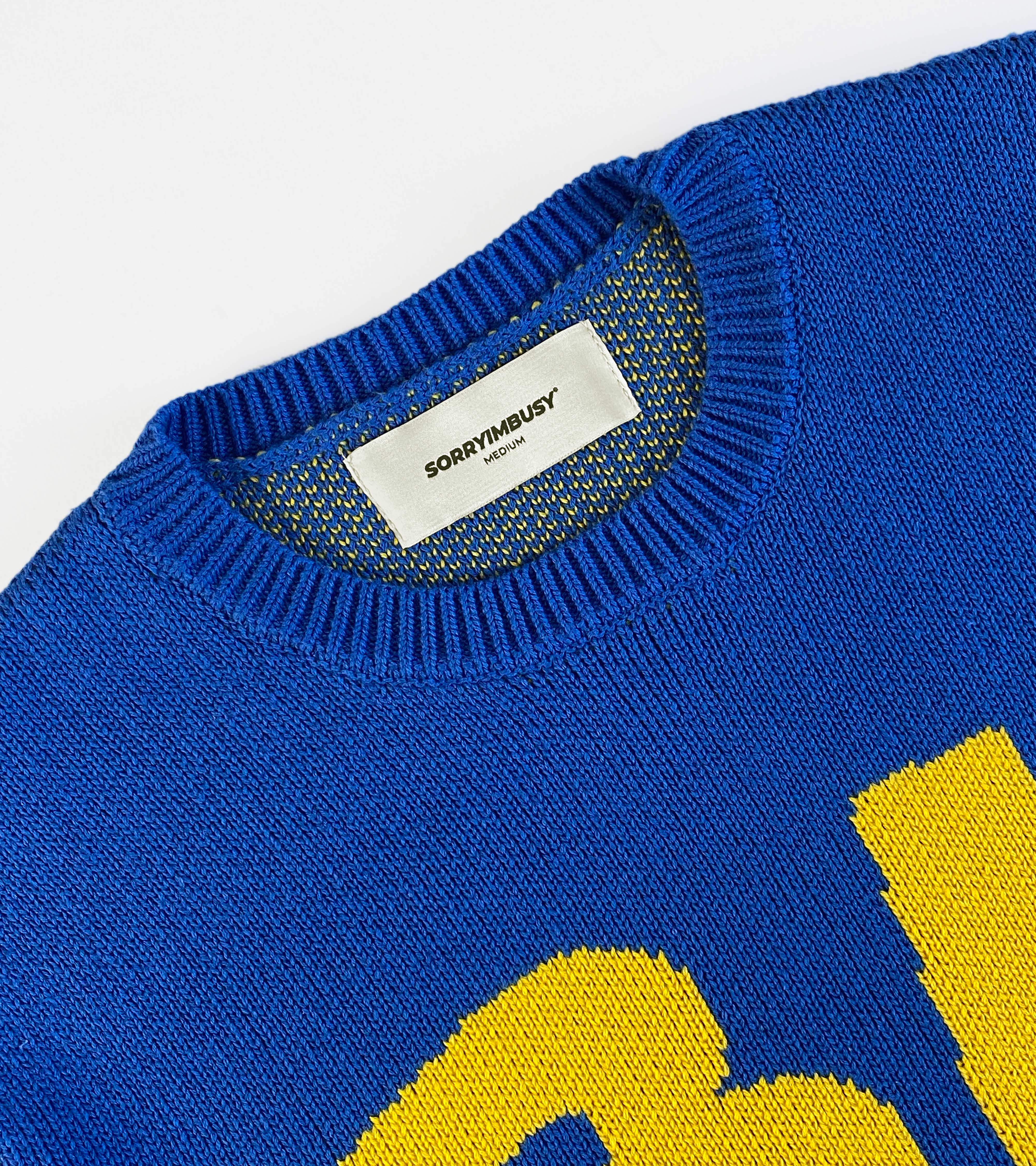 SORRYIMBUSY - Spellout Heavyweight Jacquard Knit in Royal Blue - 100% Cotton