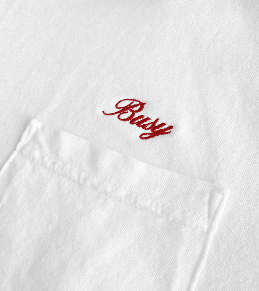 SORRYIMBUSY SCRIPT T-SHIRT WHITE - EMBROIDERED CHERRY RED